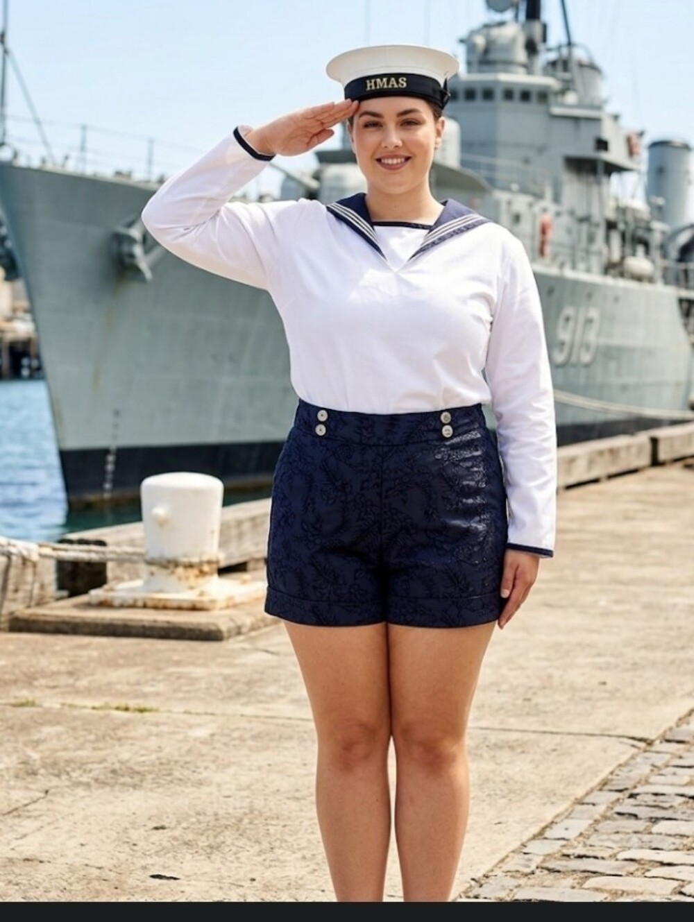Navy blue tapestry cuffed Shorts sz 14-16. Sailor front Rekucci pinup
